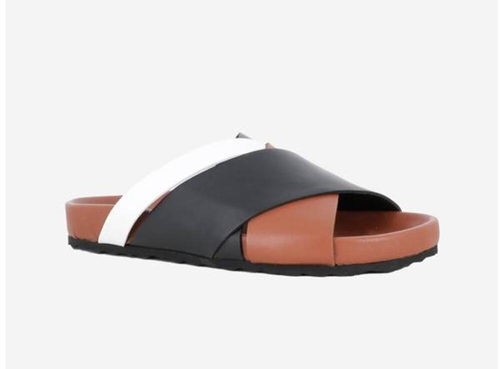 Pierre Hardy Alpha Cross Flat Sandal in Calf Camel Black White 37